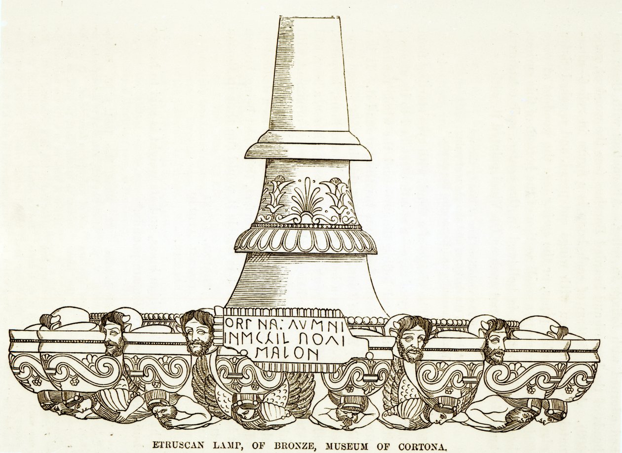 Etruscan bronze lamp in the Museum of Cortona (engraving) (b/w photo) av English School