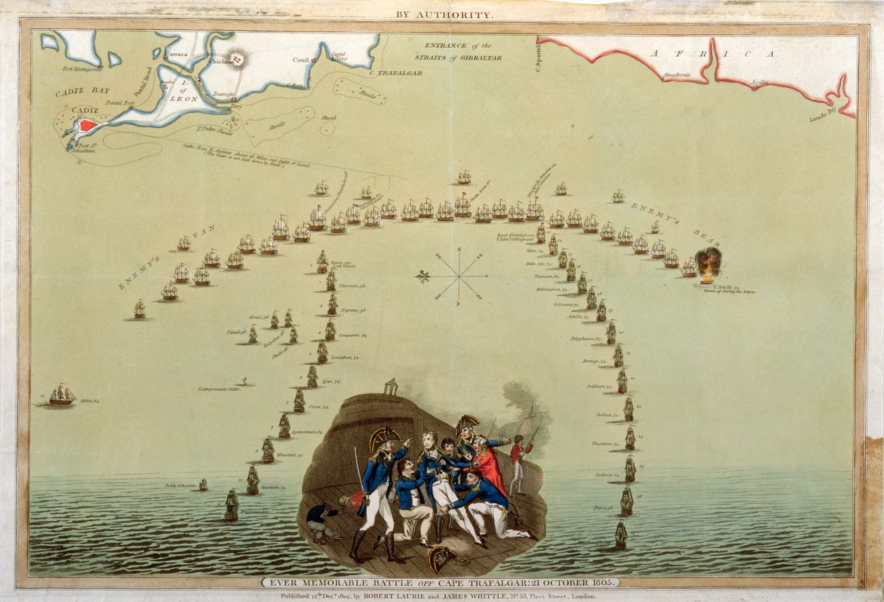 Ever Memorable Battle off Cape Trafalgar, 21. oktober 1805, utgitt av Laurie & Whittle, 12. desember 1805 (farget akvatint) av English School