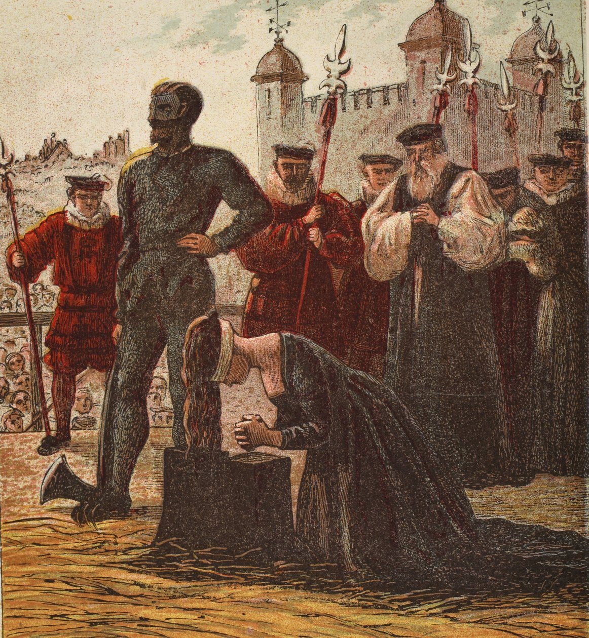 Henrettelse av Lady Jane Grey, pub. 1890 (fargelitografi) av English School