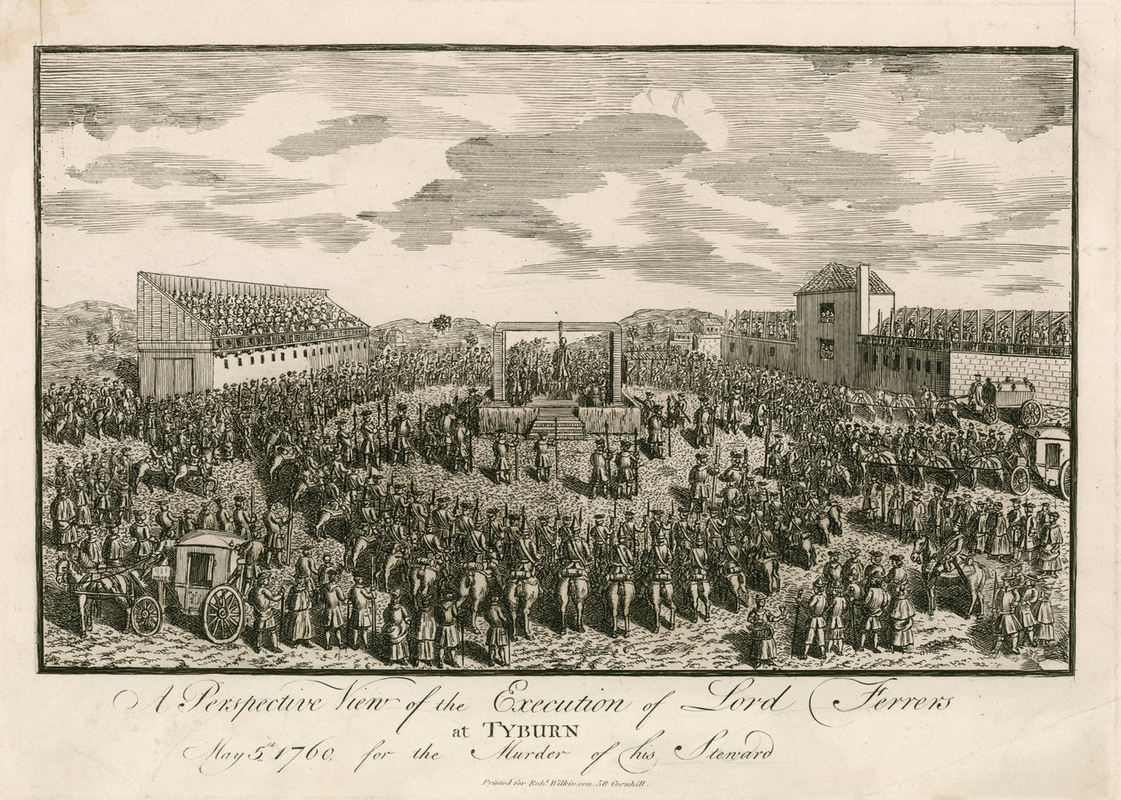 Henrettelsen av Lord Ferrers i Tyburn, 5. mai 1760, for drapet på hans forvalter (gravering) av English School