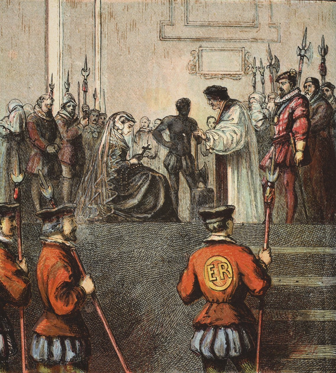 Henrettelse av Mary, Queen of Scots, pub. 1890 (fargelitografi) av English School