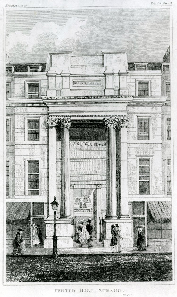 Exeter Hall, Strand, London fra Gentlemans Magazine av English School