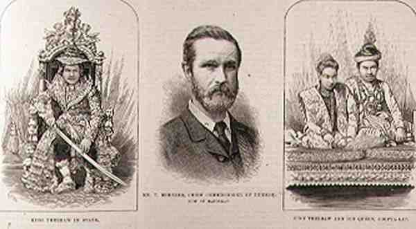 Ekspedisjon til Øvre Burmah: Kong Theebaw (1858-1916) i staten, Mr. T. Bernard, Chief Commissioner of Burmah, nå i Mandalay, King Theebaw og hans dronning, Soopya-Lat, fra The Illustrated London News, av English School
