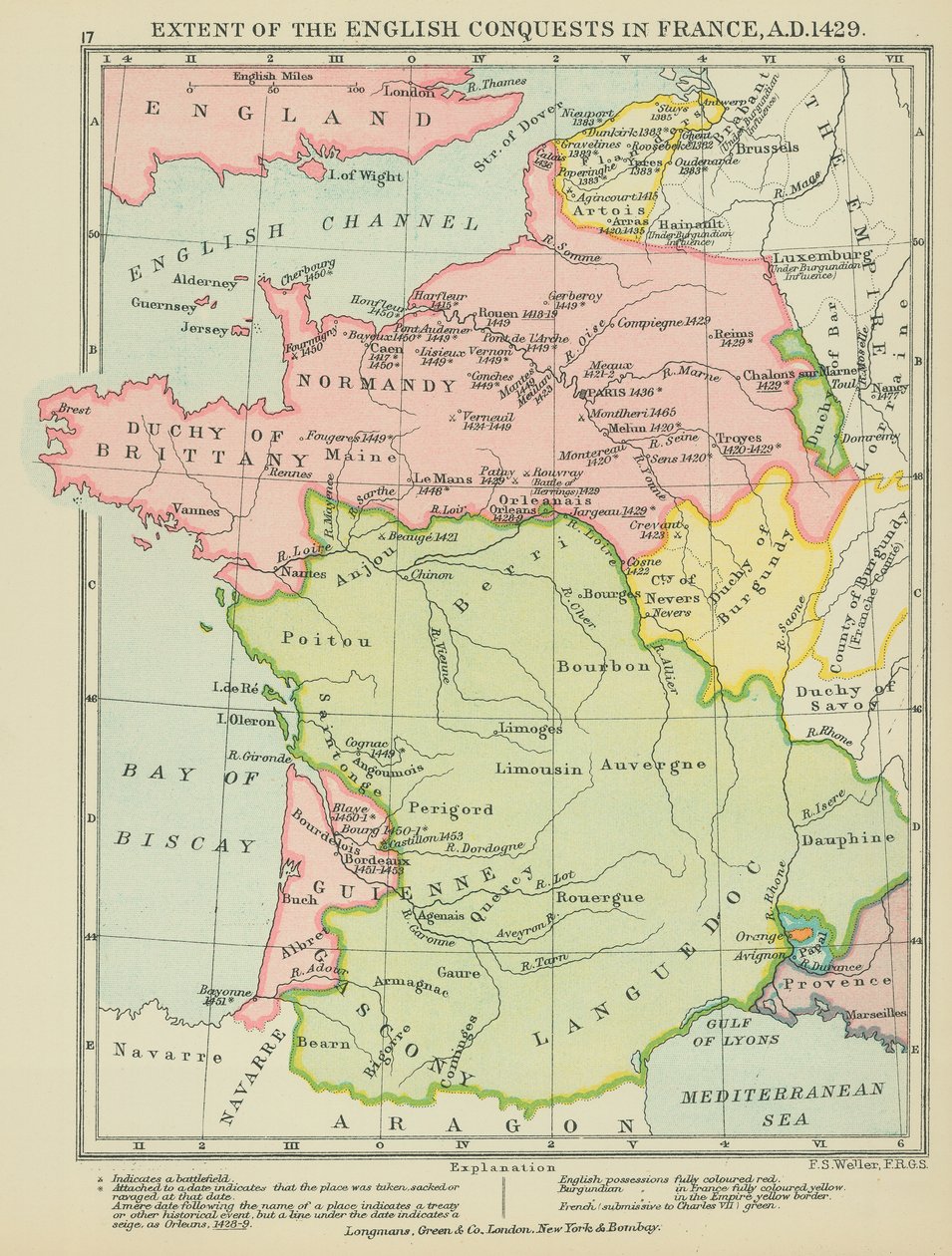 Omfanget av de engelske erobringene i Frankrike, 1429 e.Kr. (fargelitografi) av English School