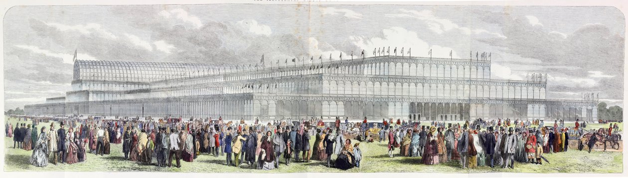 Eksteriør av Crystal Palace reist i Hyde Park for utstillingen av alle nasjoners industri (farget gravering) av English School