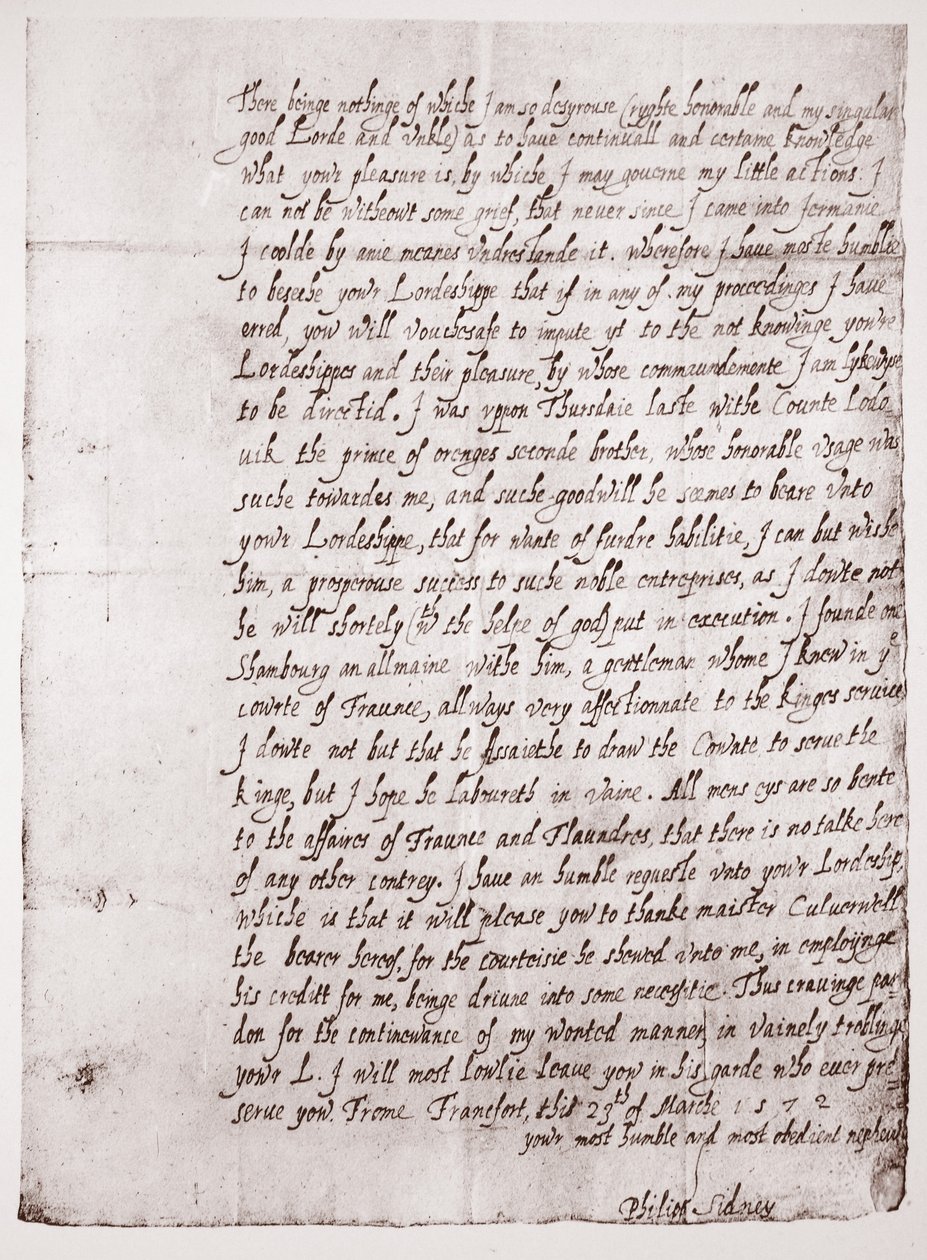 Faksimile av Philip Sidneys håndskrift i en alder av 18, 23. mars 1572 av English School