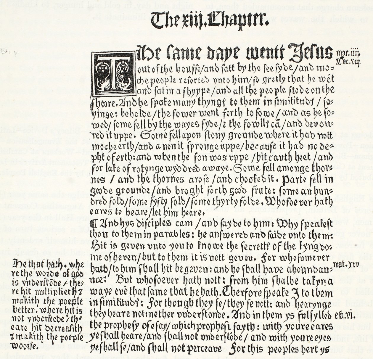 Faksimile av St. Matthews Evangelium, kapittel XIII, vers 1-15, fra Tyndales Testament, illustrasjon fra The History of Protestantism av James Aitken Wylie (1808-1890), pub. 1878 av English School