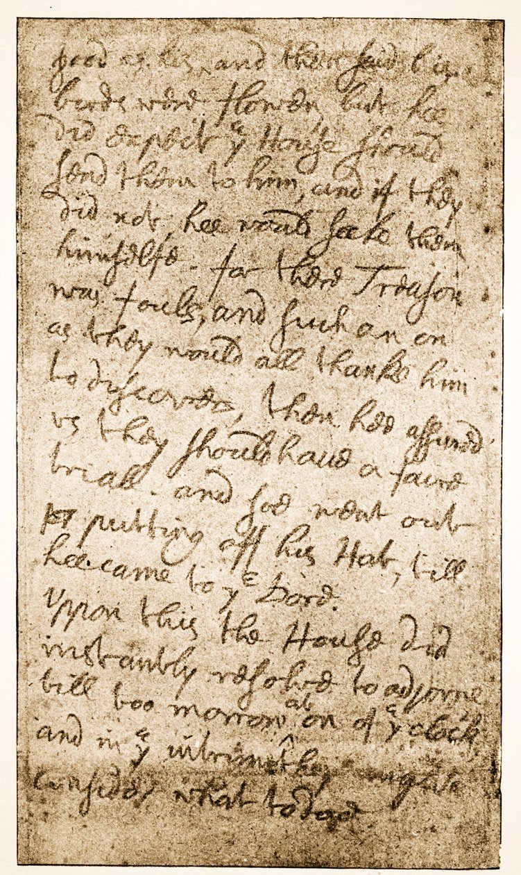 Faksimile av en side med Sir Ralph Verneys notater om Long Parliament fra Memoirs of the Verney Family (sepia-bilde) av English School