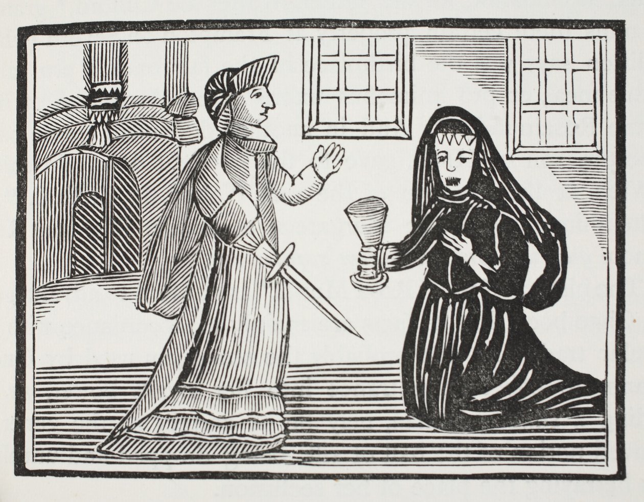 Fair Rosamond blir forgiftet av dronning Eleanor, illustrasjon fra Chap-books of the Eighteenth Century av John Ashton, pub. 1882 av English School
