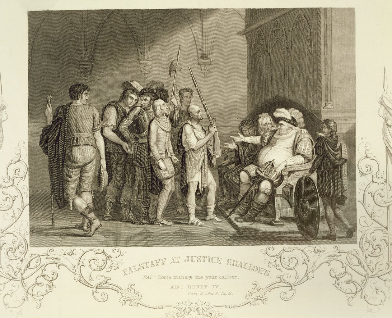 Falstaff ved Justice Shallows, i Henry IV (Del 2) Act III Scene 2, av William Shakespeare (1564-1616) av English School