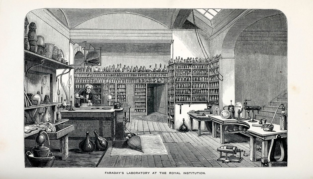 Faraday's Laboratory ved Royal Institution, pub. 1870. av English School