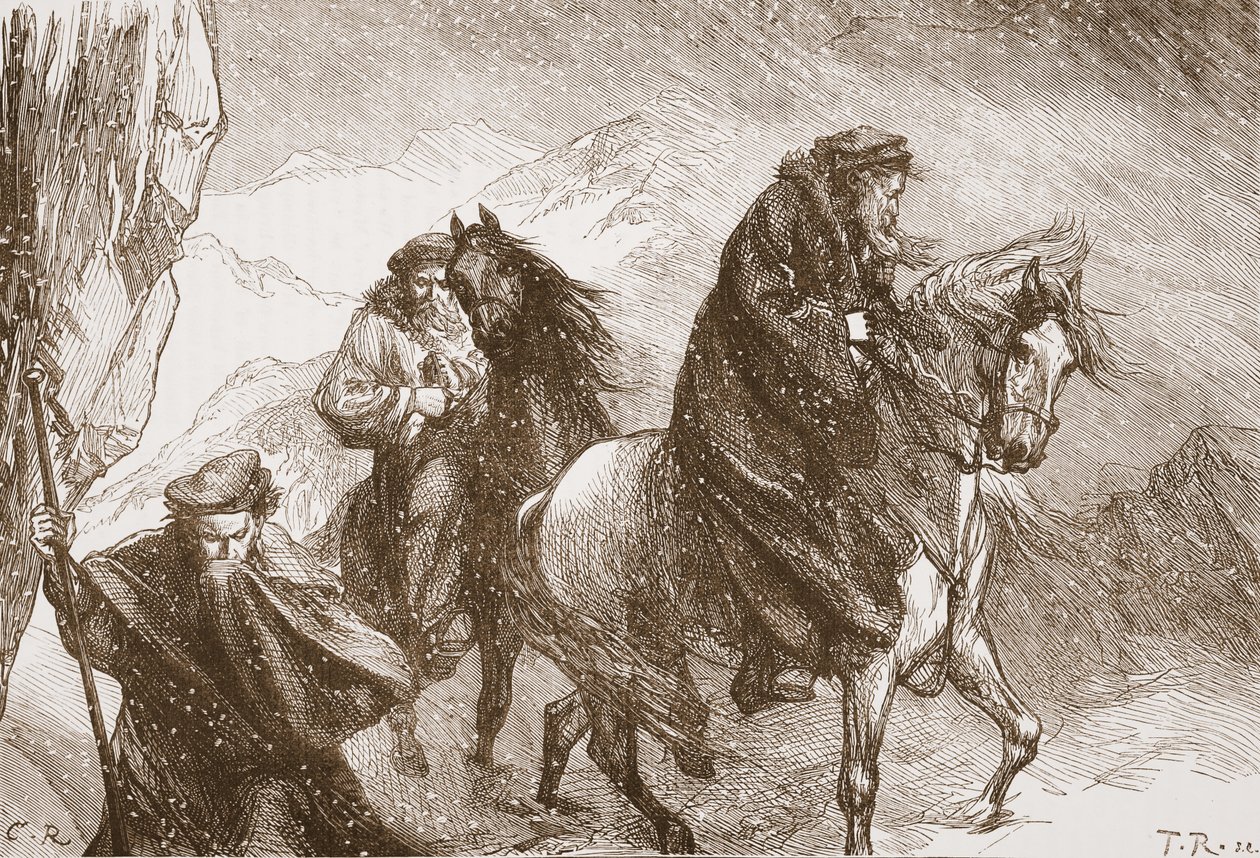 Farel og hans følgesvenner på reise over Alpene, illustrasjon fra The History of Protestantism av James Aitken Wylie (1808-1890), pub. 1878 av English School
