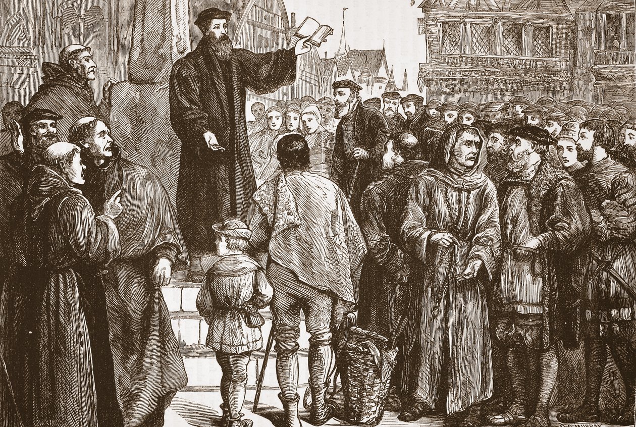 Farel forkynner på markedsplassen til Neuchatel, illustrasjon fra The History of Protestantism av James Aitken Wylie (1808-1890), pub. 1878 av English School