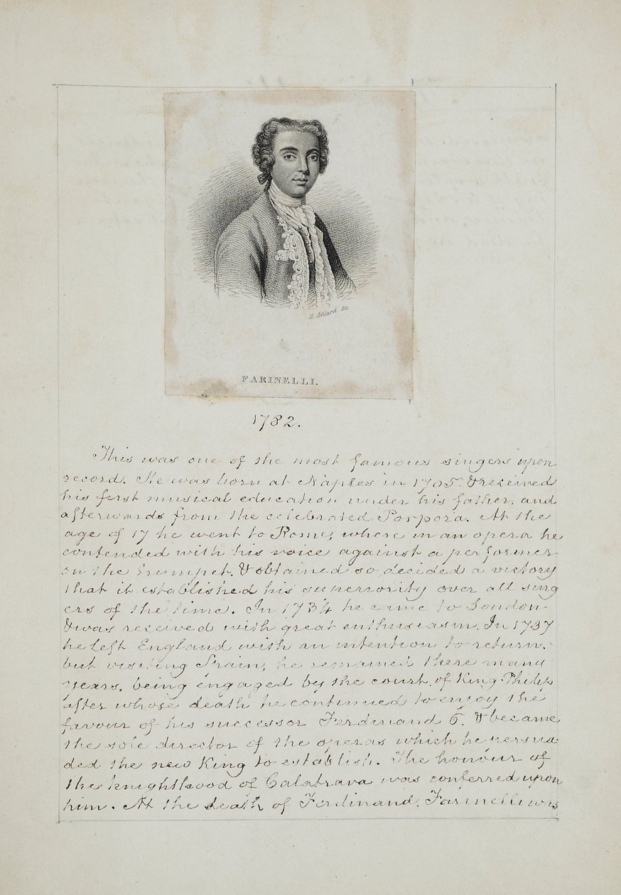 Farinelli, gravert av Henry Adlard (fl.1828-69), ca. 1830 (gravering & penn og blekk på papir) av English School