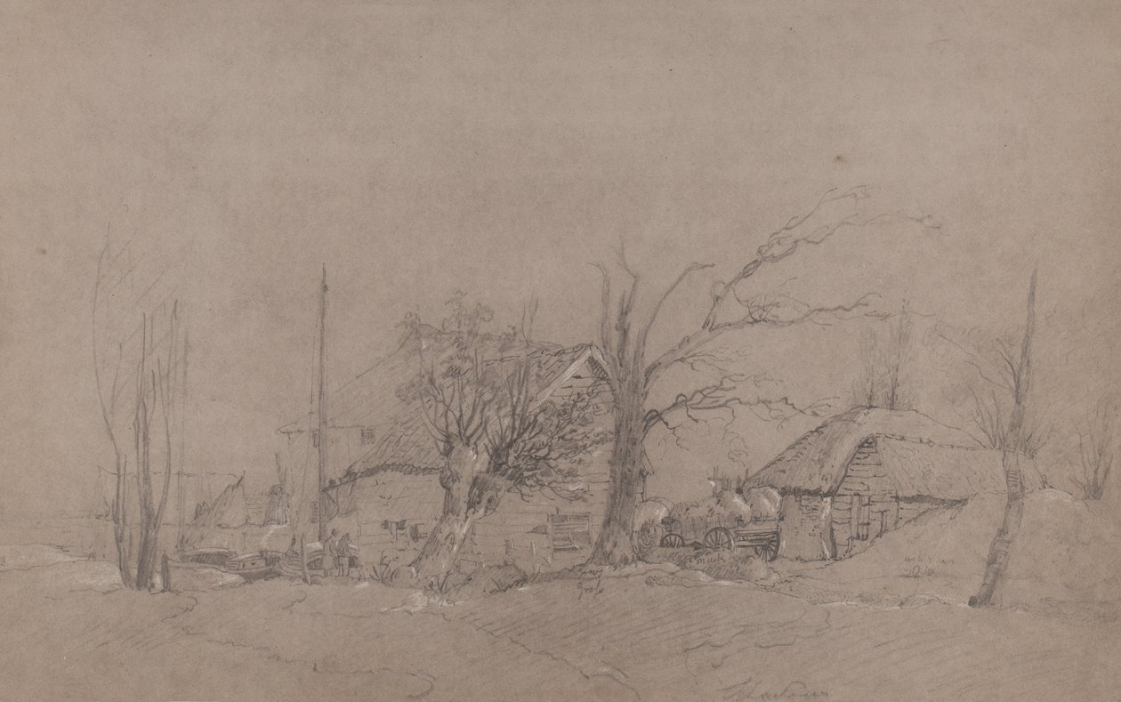 Gårdsbygninger ved en elvebredd, ca. 1840 av English School