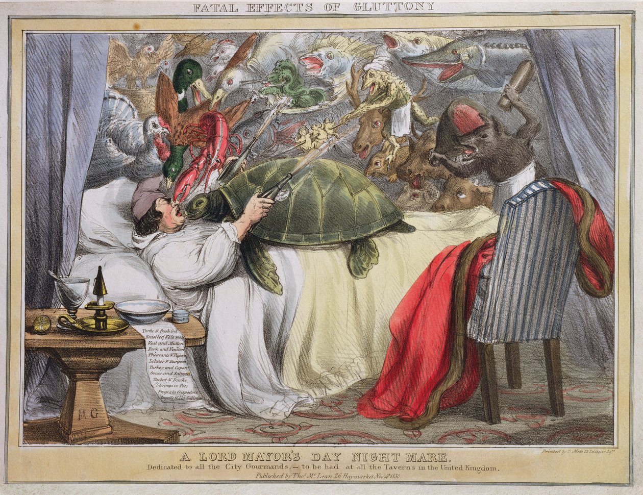 Fatale effekter av fråtsing, en nattmare fra Lord Mayors Day, utgitt av Thomas McLean (1788-1875) 1830 av English School