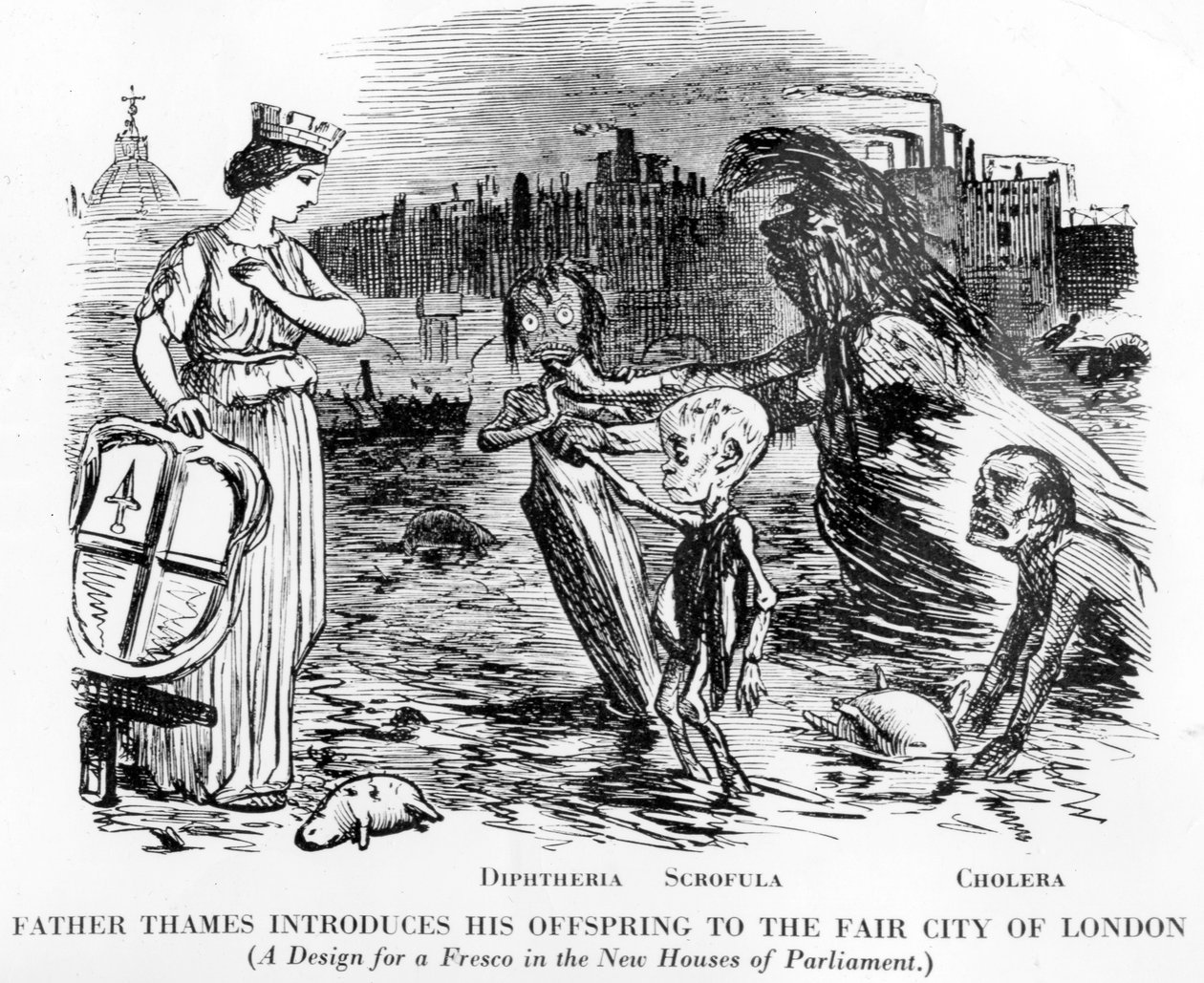 Fader Thames introduserer sitt avkom til Fair City of London, avkommet er Diphtheria, Scrofula og Cholera. Mer en åpen kloakk enn en elv, den ekle delstaten Themsen i London. av English School