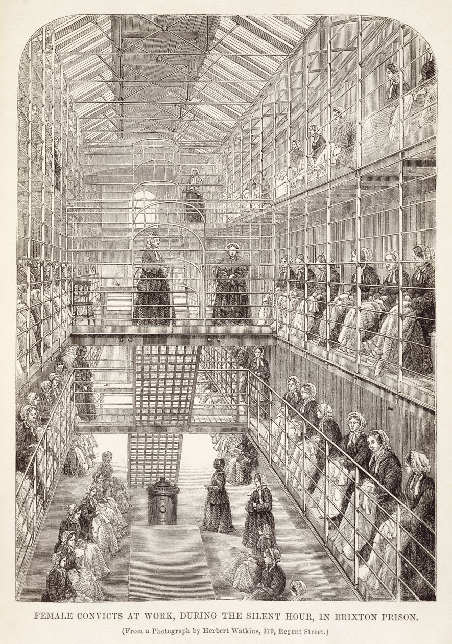 Kvinnelige straffedømte på jobb under den stille timen i Brixton Prison, fra The Criminal Prisons of London og Scenes of Prison Life av Henry Mayhew (1812-87) og John Binny, 1860 av English School