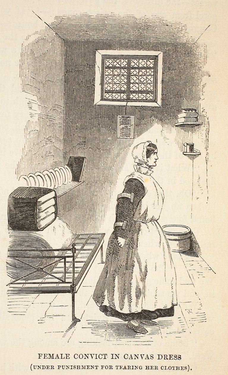 Kvinnelig domfelt i lerretskjole (under straff for å ha revet klærne hennes), illustrasjon fra The Criminal Prisons of London og Scenes from Prison Life av Henry Mayhew og John Binny, pub. 1862 (eng av English School