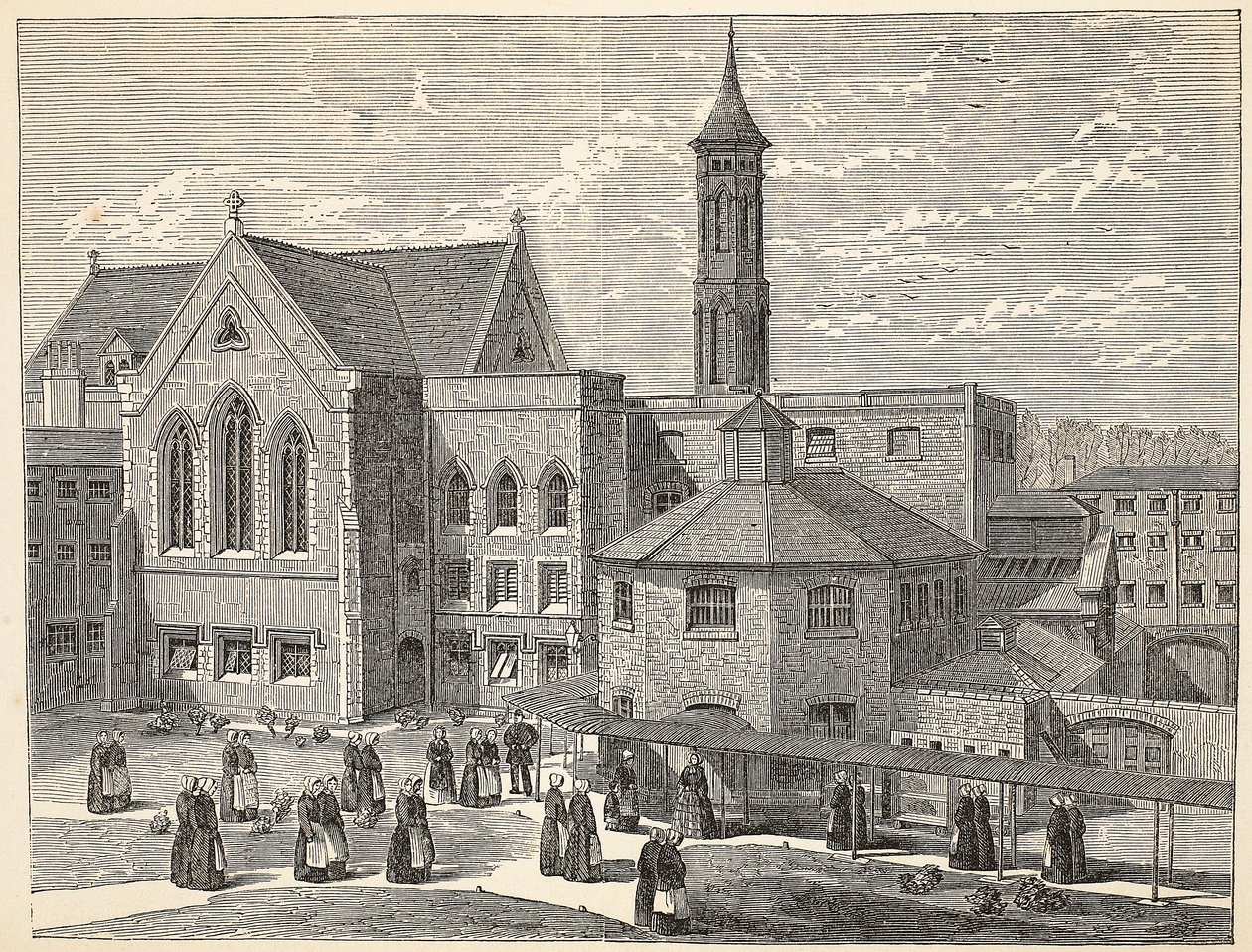 Kvinnelige domfelte som trener i luftegården i Brixton Prison, illustrasjon fra The Criminal Prisons of London og Scenes from Prison Life av Henry Mayhew og John Binny, pub. 1862 av English School
