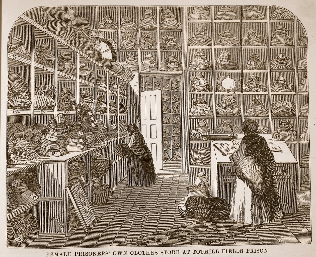 Kvinnelige fanger eier klesbutikk i Tothill Fields Prison, illustrasjon fra The Criminal Prisons of London og Scenes from Prison Life av Henry Mayhew og John Binny, pub. 1862 av English School