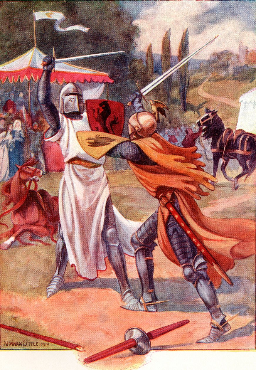 Fighting Knights in Armour. Farget illustrasjon fra boken The Gateway to Tennyson utgitt 1910. av English School