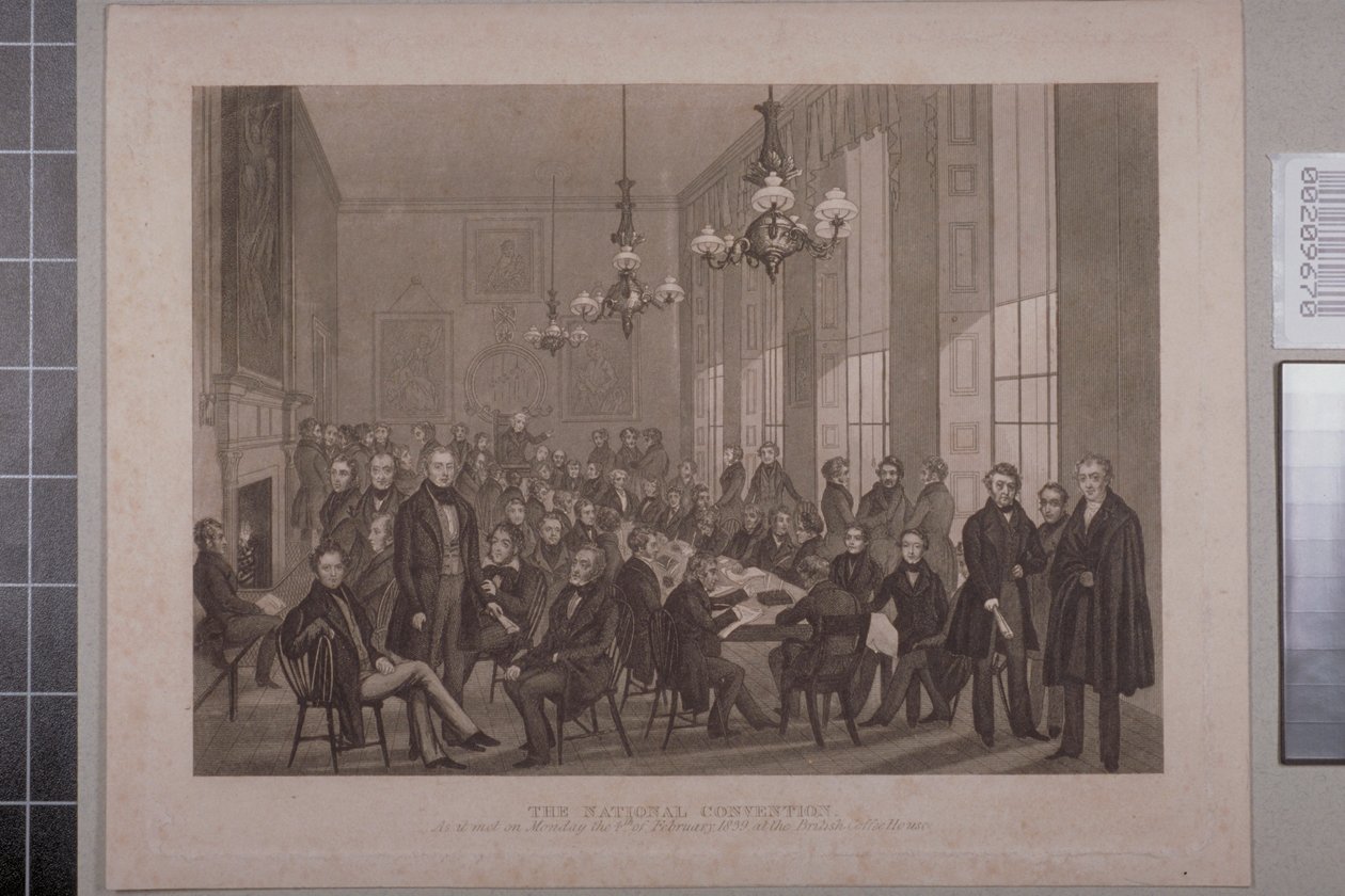 Første chartistmøte, British Coffee House på Cockspur Street, 1839 av English School