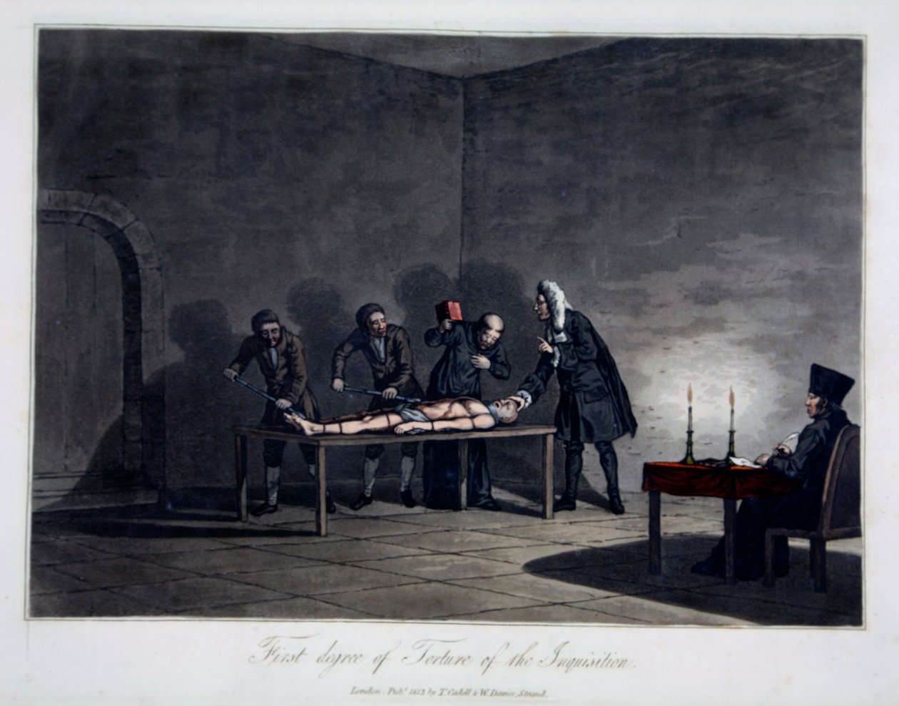 Inkvisisjonens første grad av tortur, gravert av L.C. Stadler, pub. av Cadell & Davies, London, ca. 1813 (farget gravering) av English School