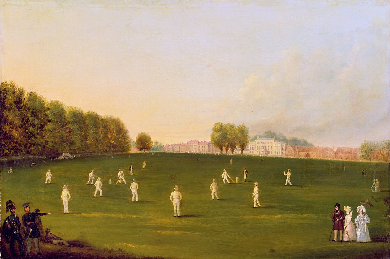 Første store cricketkamp spilt av medlemmer av Royal Amateur Society på Hampton Court Green, 3. august 1836, 1836 av English School