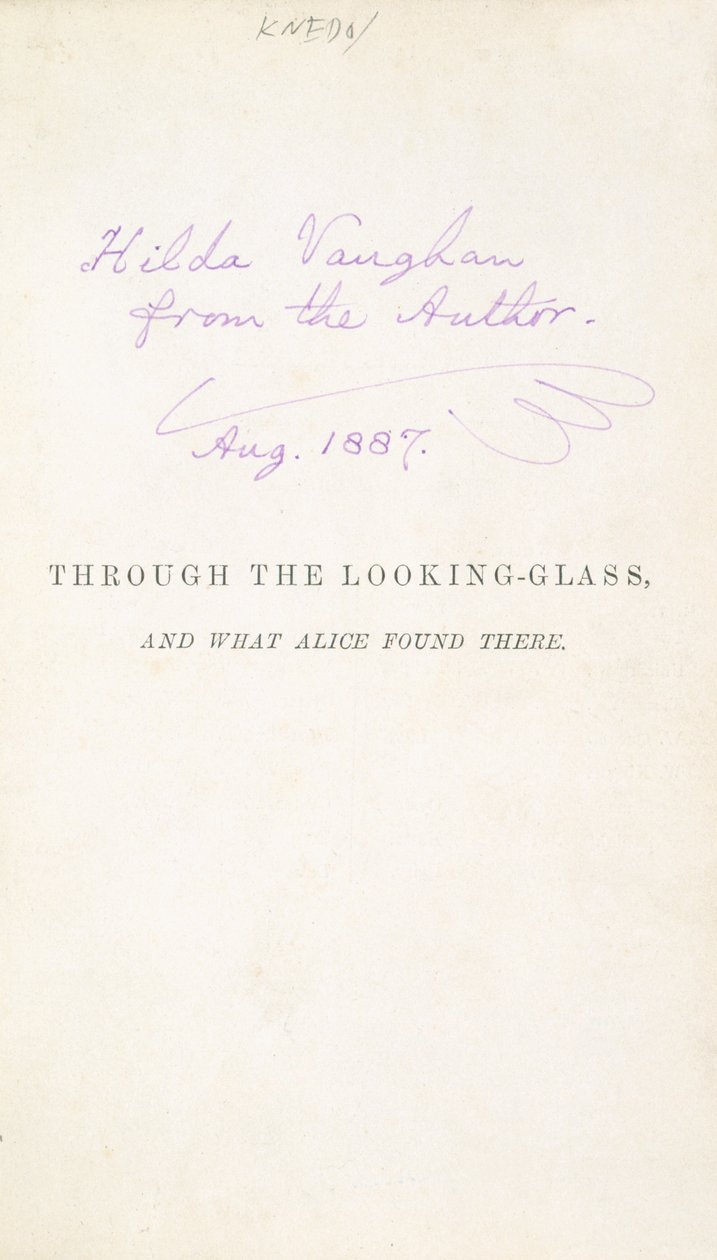 Første utgave av Lewis Carrolls Alice Through the Looking Glass, med forfatterens inskripsjon til Hilda Vaughn, 1887 av English School