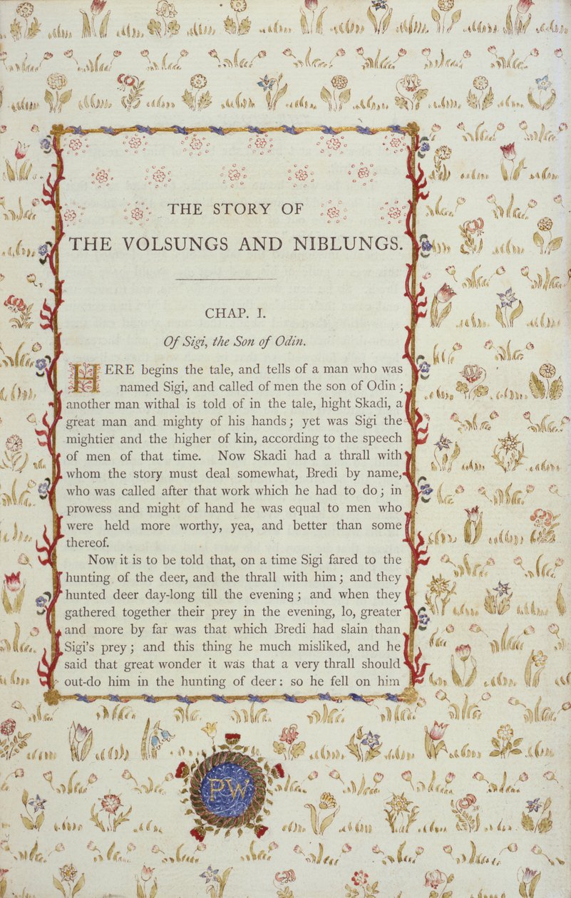 Første side fra The Story of The Volsungs and Niblungs, ca. 1870 av English School