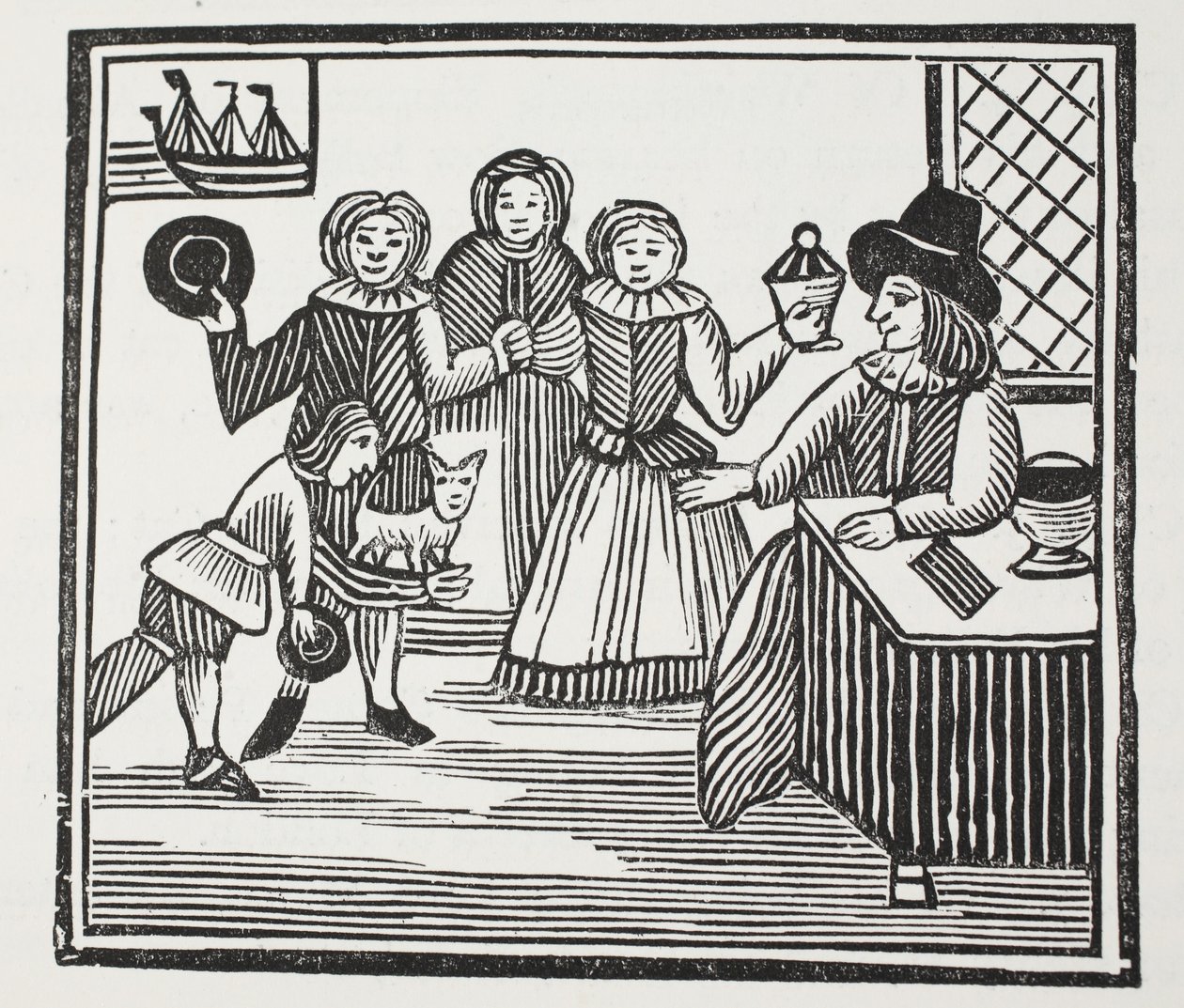 Fitzwarren mottar sine tjenere ventures, illustrasjon fra Chap-books of the Eighteenth Century av John Ashton, pub. 1882 av English School