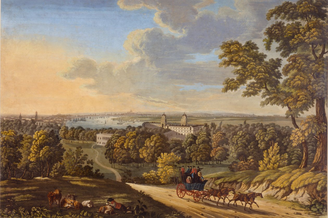 Flamstead Hill, Greenwich: Stagecoach på vei sørover ca. 181020 (wc på papir) av English School