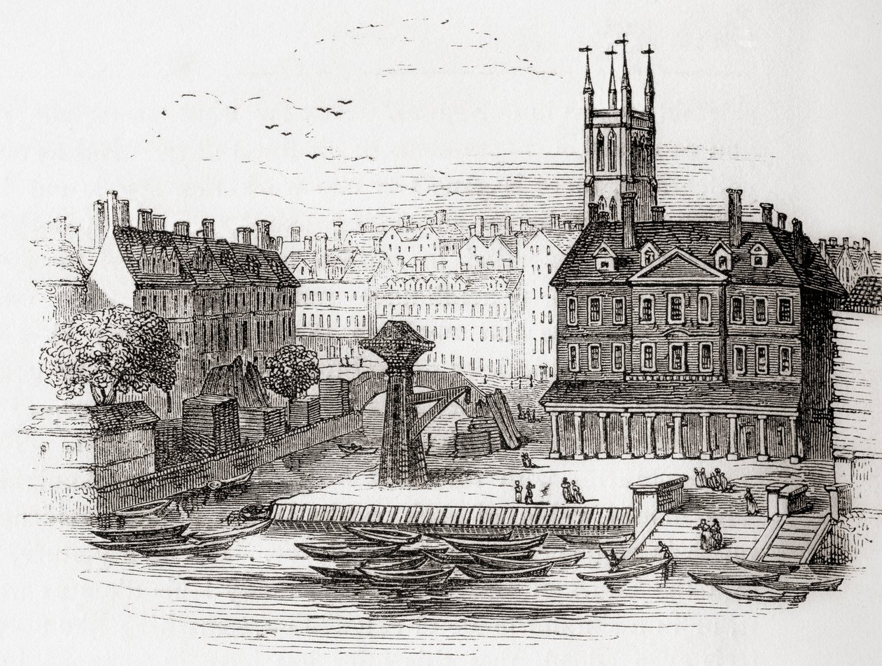 Fleet Ditch, London, England i 1749 på punktet der den løp inn i Themsen ved Bridewell, fra Old England: A Pictorial Museum, pub. 1847 av English School