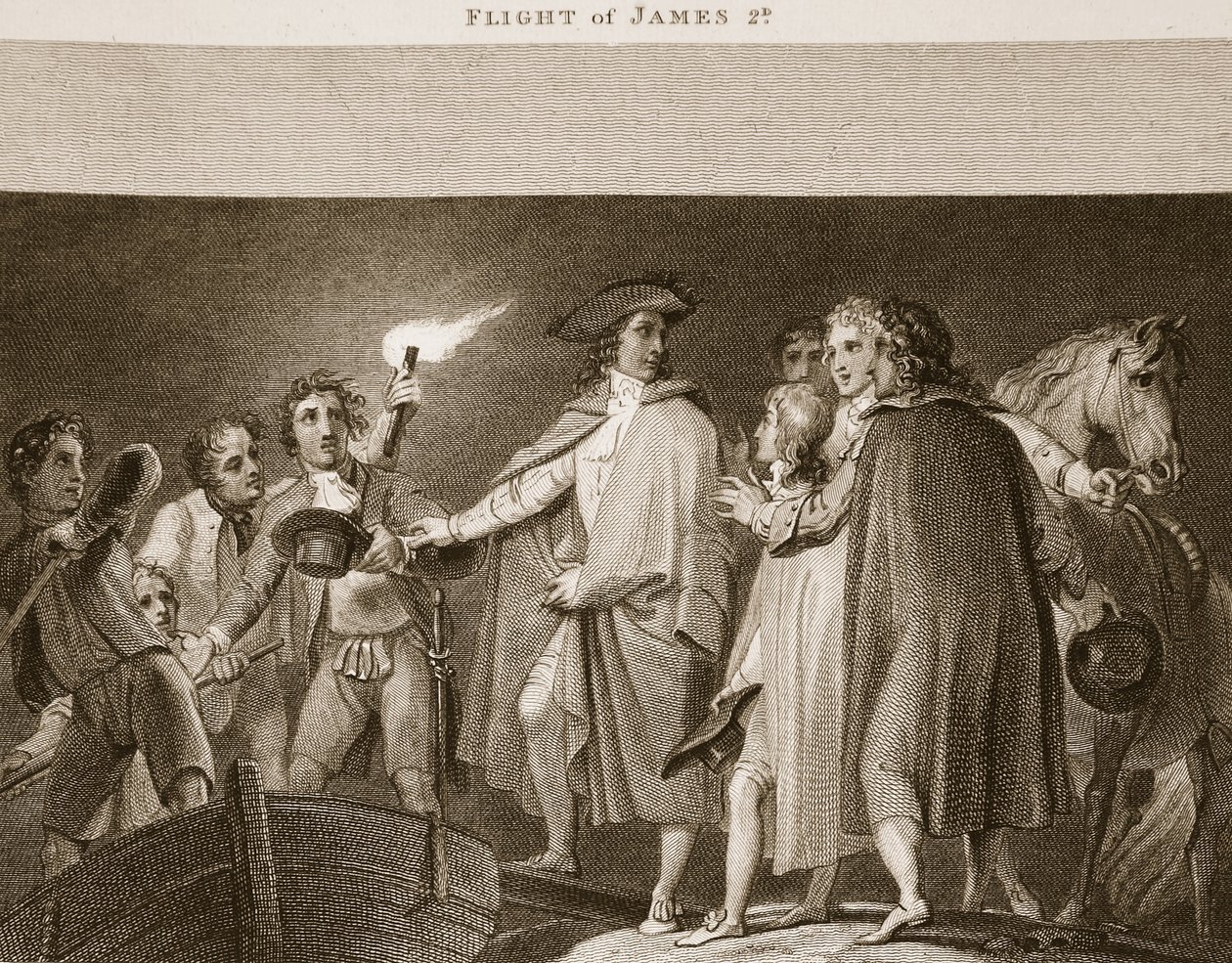 Flight of James 2nd, illustrasjon fra David Humes The History of England, pub. av R. Bowyer, London, 1812 av English School