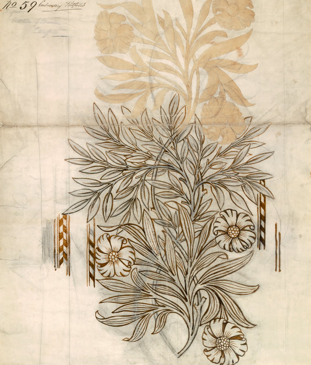 Blomstertekstildesign for Morris og Co. (wc og blyant på papir) av English School