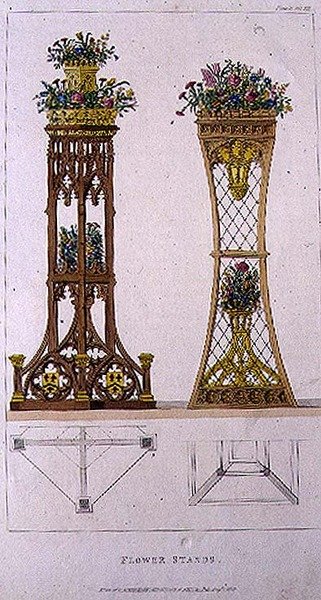 Blomsterstativer, plate 163 fra Ackermanns Kunstarkiv, utgitt 1809-28 (farge litho) av English School