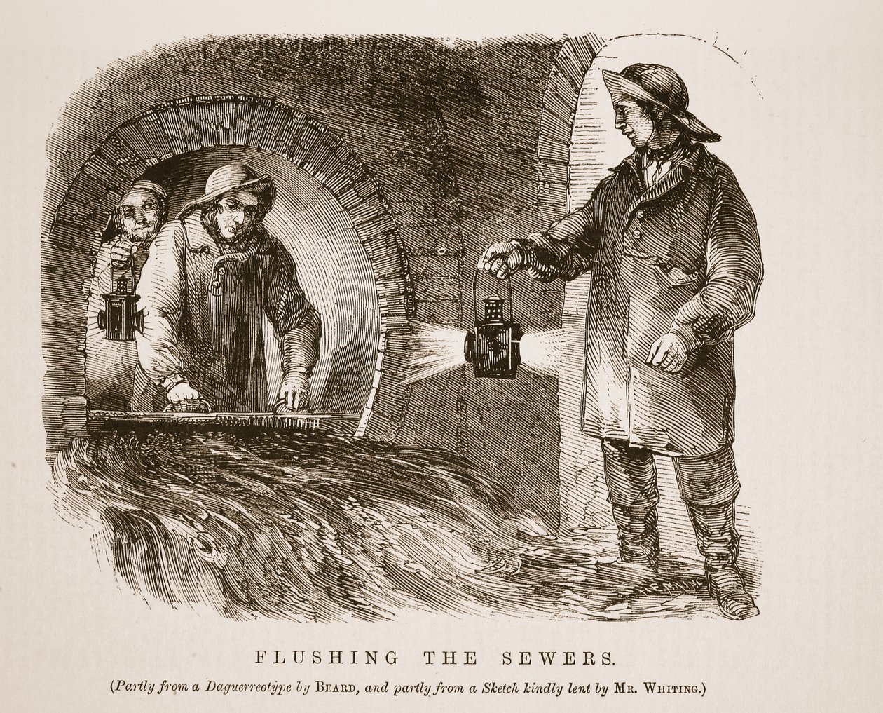Å spyle kloakken, dels fra daguerreotypien av Richard Beard og dels fra en skisse som er vennlig utlånt av Mr. Whiting, illustrasjon fra London Labour og London Poor av Henry Mayhew, pub. 1862 (lit av English School