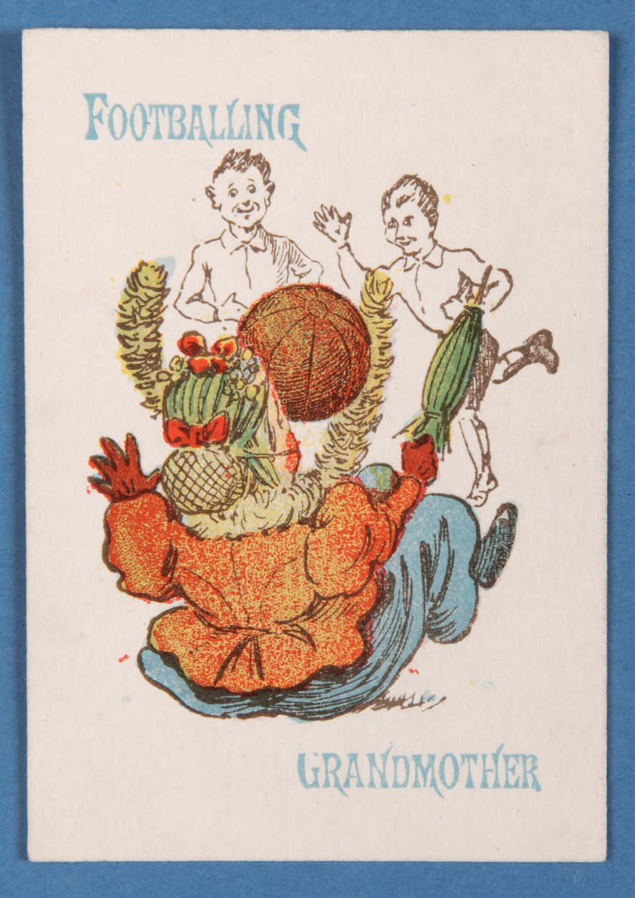 Fotballspillende bestemor fra kortspillet Happy Families, ca. 1890-1900 av English School