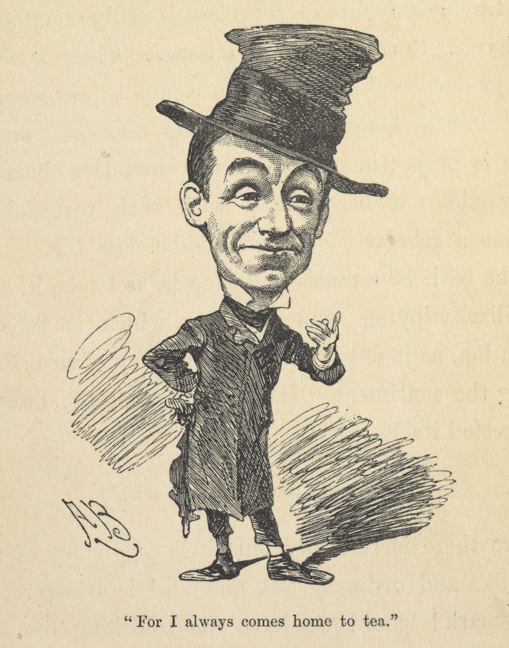 "For jeg kommer alltid hjem til te." fra 'Music-Hall Land: en beretning om de innfødte i det merkelige landet med illustrasjoner, etc.;', av Percy Hetherington Fitzgerald av English School