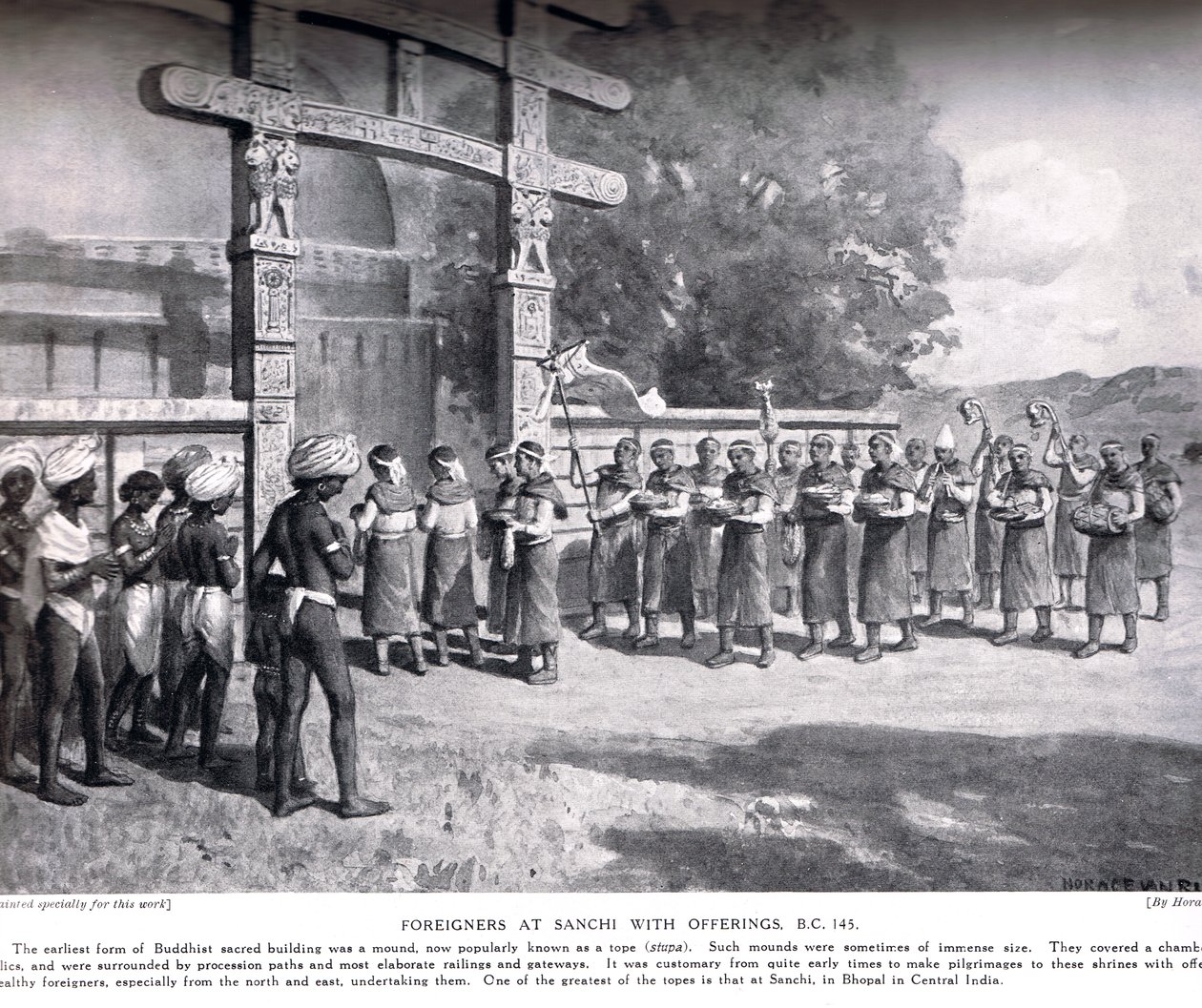 Utlendinger i Sanchi med tilbud i 145 f.Kr., illustrasjon fra Hutchinsons History of the Nations, ca. 1910 av English School
