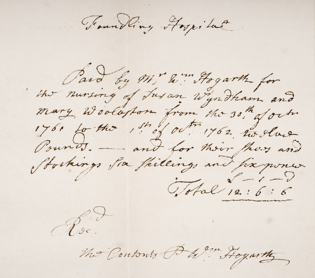 Kvittering fra Foundling Hospital, signert av William Hogarth av English School