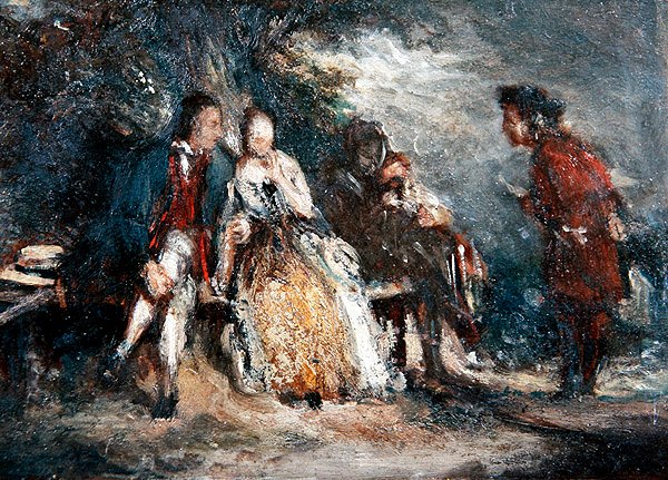 Fire skikkelser, to av dem elskere, i samtale, ca. 1800 (olje om bord) av English School