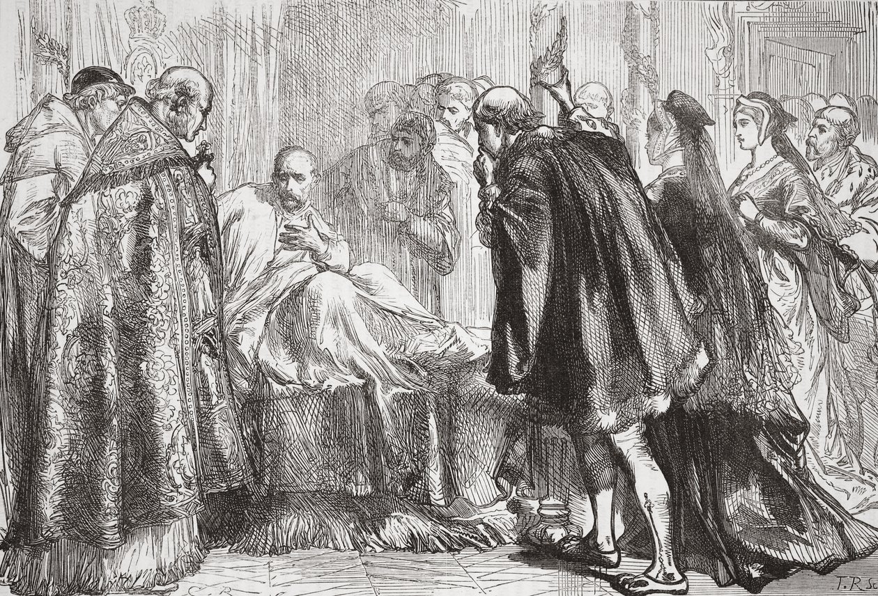 Francis I på dødsleiet, illustrasjon fra The History of Protestantism av James Aitken Wylie (1808-1890), pub. 1878 av English School