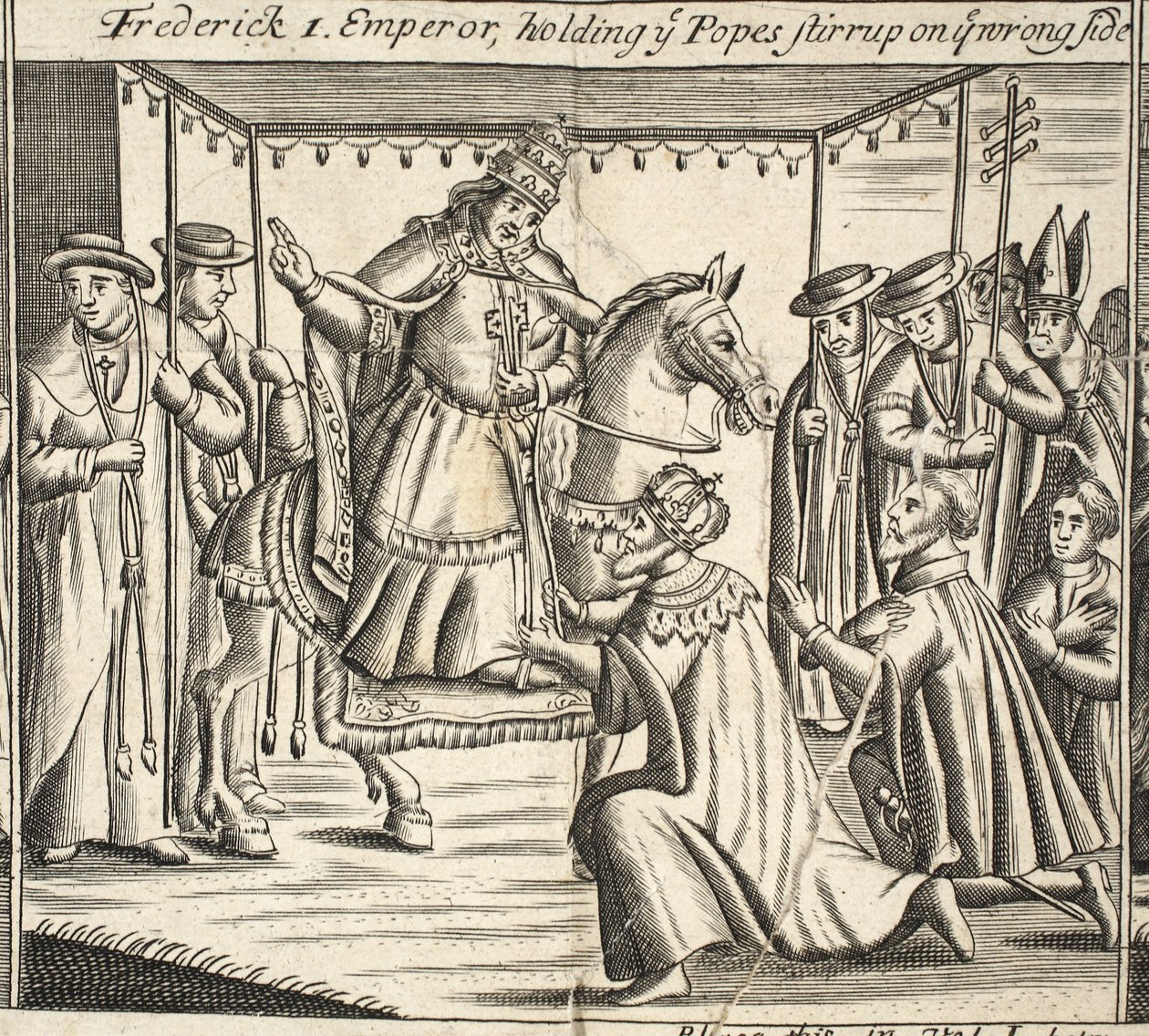 Frederick I, Emperor, holder ye Popes stigbøylen på feil side, illustrasjon fra Acts and Monuments av John Foxe, niende utgave, pub. 1684 av English School