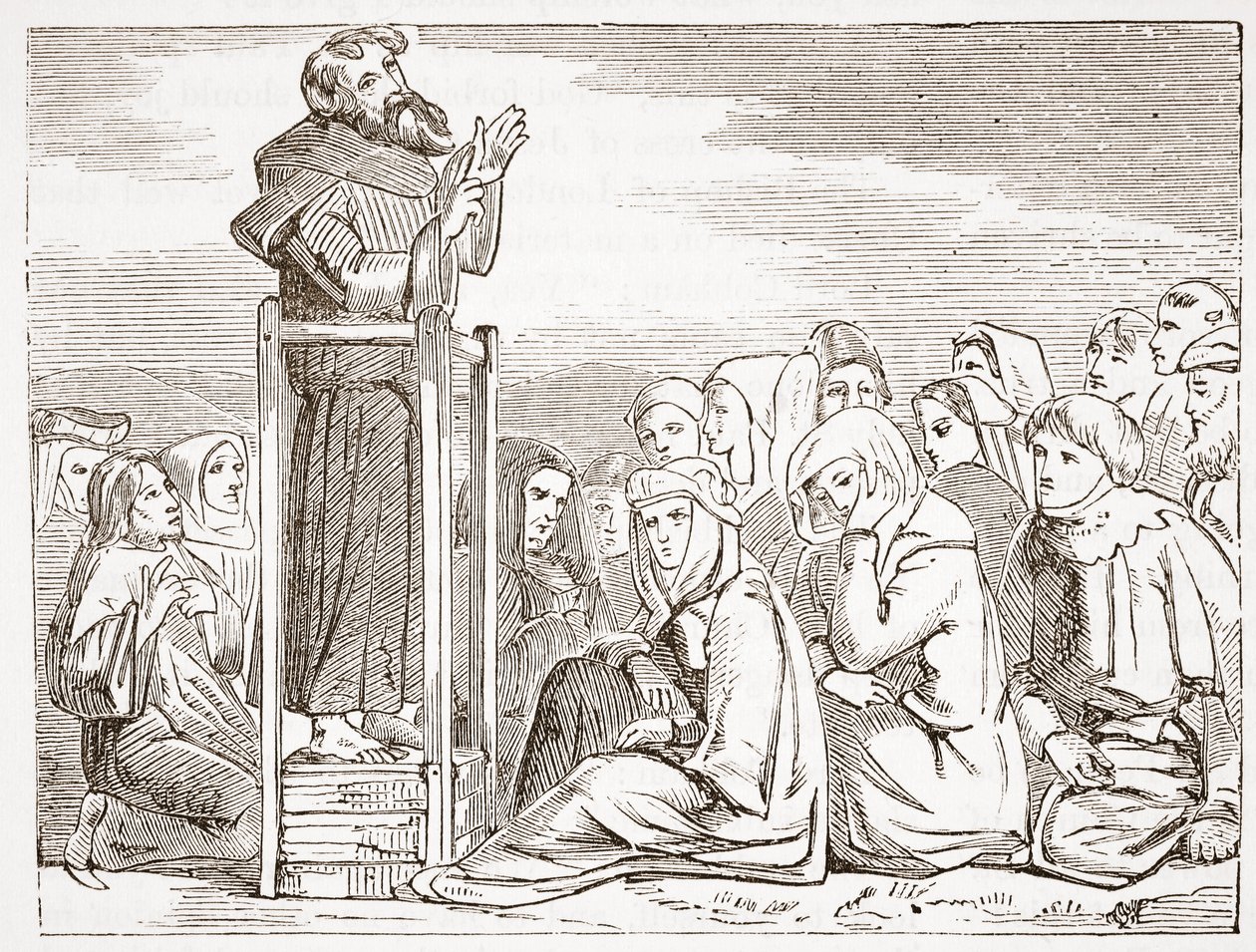 Friar som forkynner fra en bevegelig prekestol, illustrasjon fra The History of Protestantism av James Aitken Wylie (1808-1890), pub. 1878 av English School