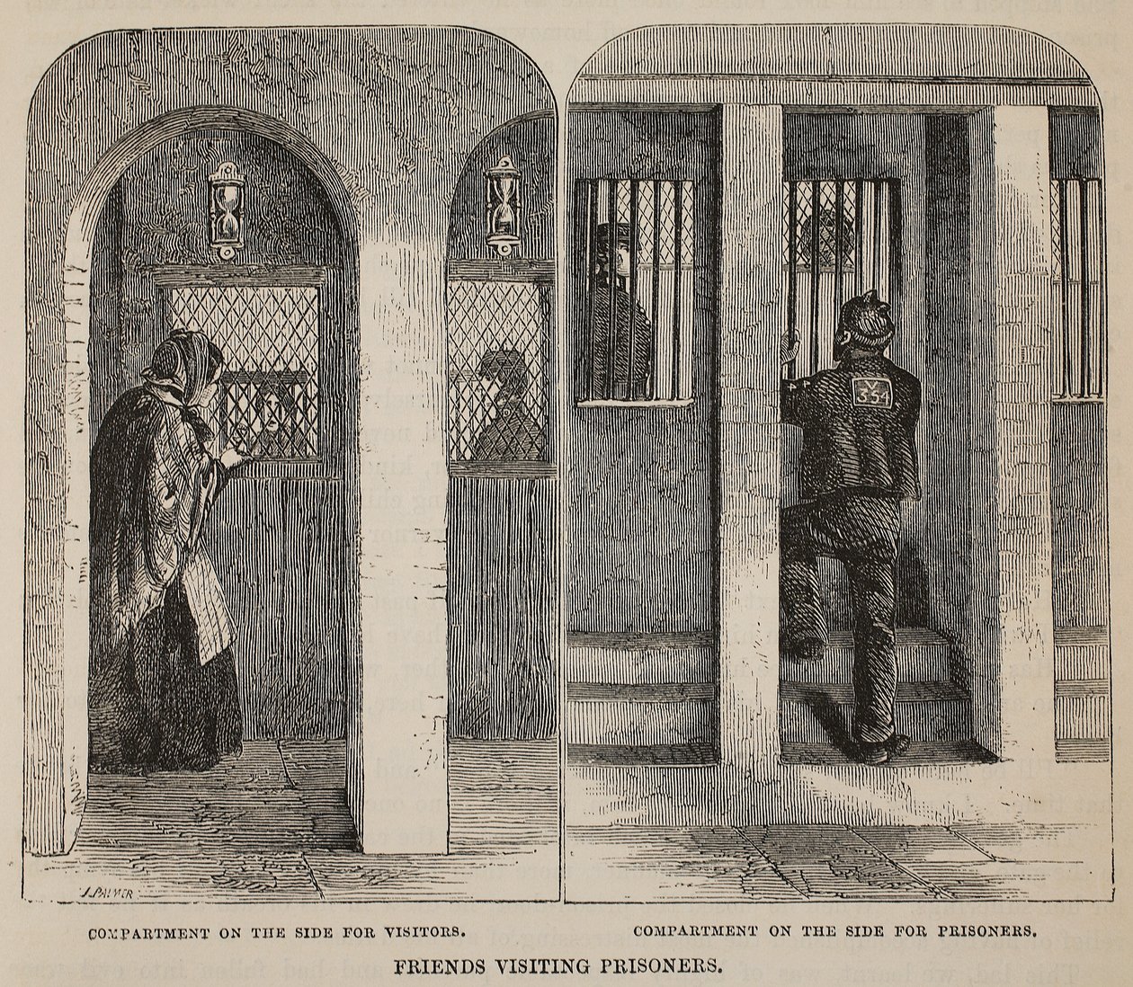 Venner som besøker fanger, illustrasjon fra The Criminal Prisons of London og Scenes from Prison Life av Henry Mayhew og John Binny, pub. 1862 av English School