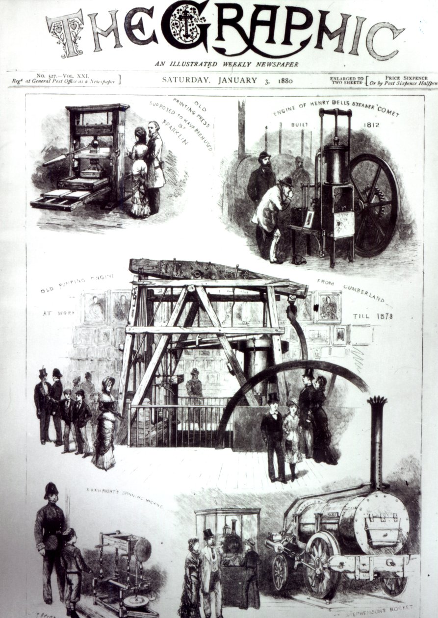 Forside av The Graphic som viser viktige oppfinnelser, 3. januar 1880 av English School
