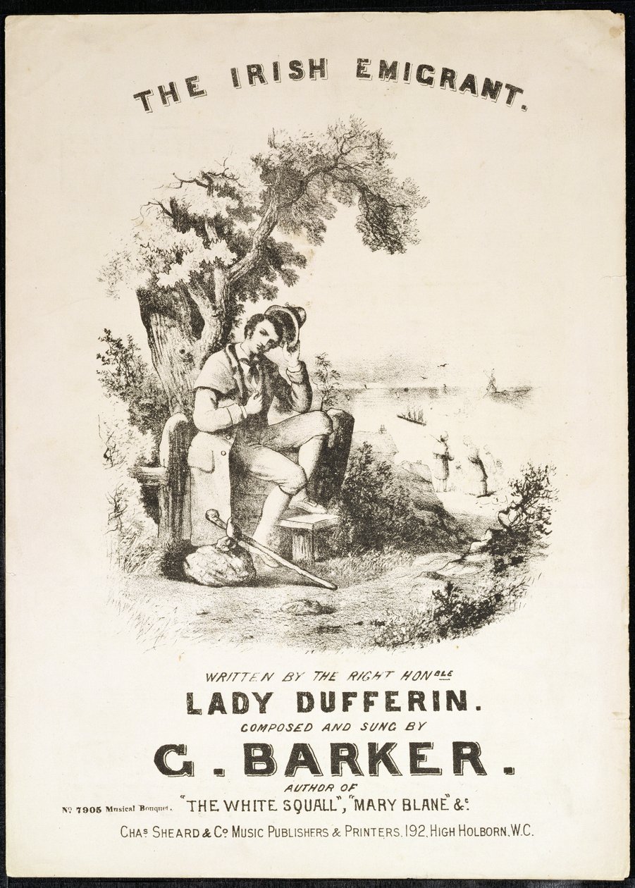 Forside av musikkpartitur til The Irish Immigrant, skrevet av Lady Dufferin, komponert av G. Barker av English School
