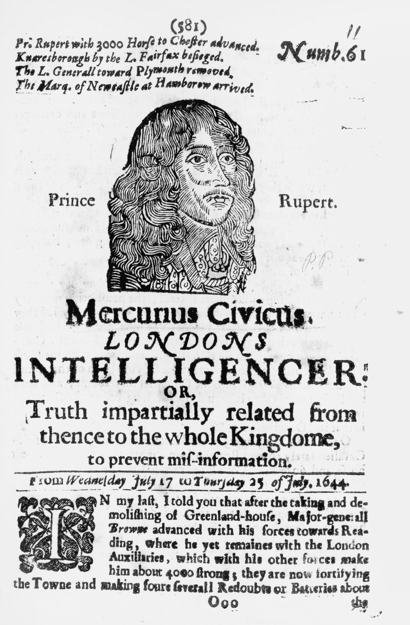 Forside fra Mercurius Civicus, utgitt i 1644 av English School